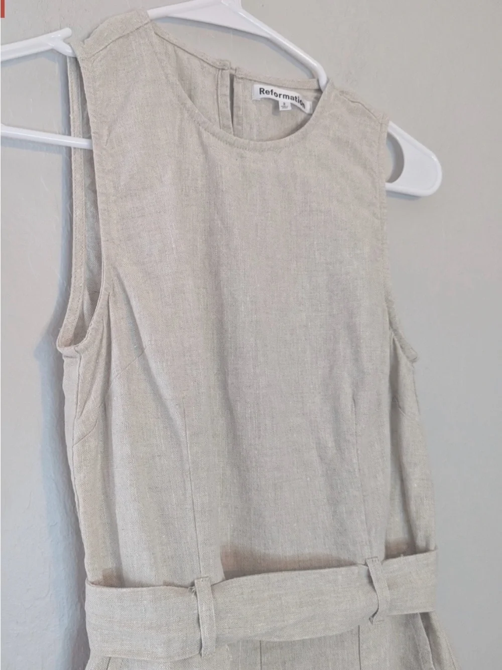 Reformation Naomi Sleeveless Tie-Waist Linen Jumpsuit in Natural Beige